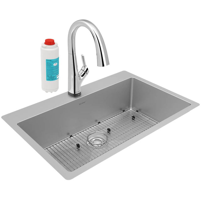 Elkay - Crosstown 18 Gauge Stainless Steel 33'' x 22'' x 9'', Single Bowl Dual Mount Sink Kit with Filtered Faucet - Stainless Steel