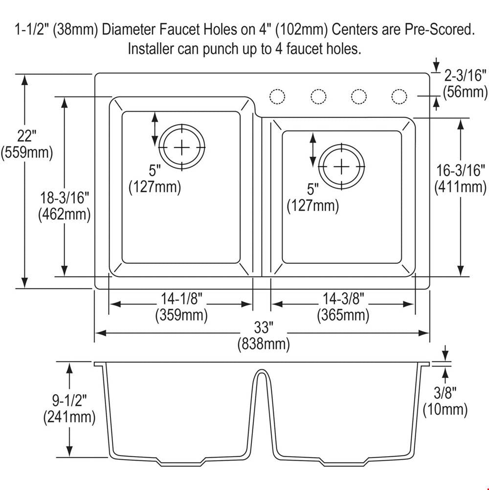 Quartz Luxe 33'' x 22'' x 9-1/2'' Offset Double Bowl Drop-in Sink Caviar