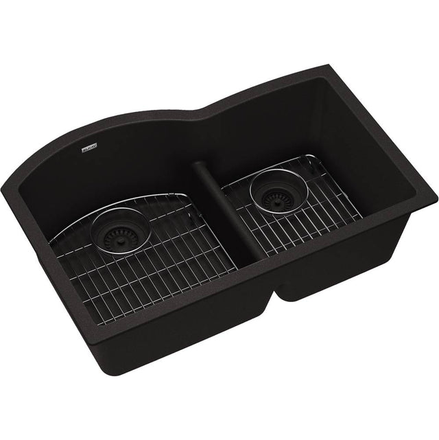 Elkay - Quartz Classic 33'' x 22'' x 10'', Offset 60/40 Double Bowl Undermount Sink Kit with Aqua Divide, Black - Black