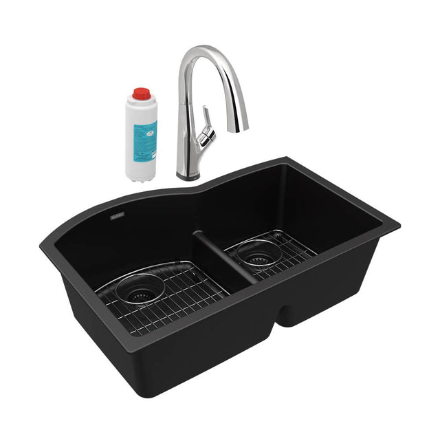 Elkay - Quartz Classic 33'' x 22'' x 10'', Offset 60/40 Double Bowl Undermount Sink Kit with Filtered Faucet with Aqua Divide, Black - Black
