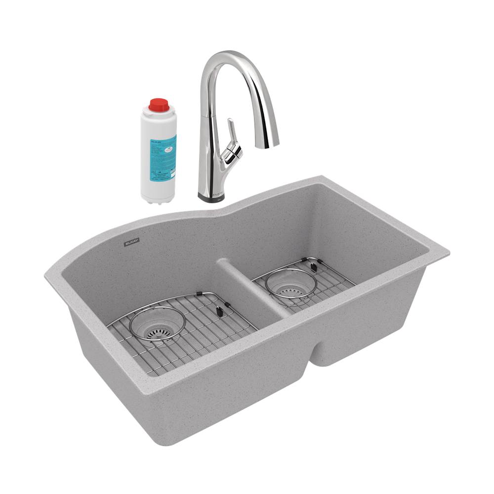 Elkay - Quartz Classic 33'' x 22'' x 10'', Offset 60/40 Double Bowl Undermount Sink Kit with Filtered Faucet with Aqua Divide, Greystone - Greystone
