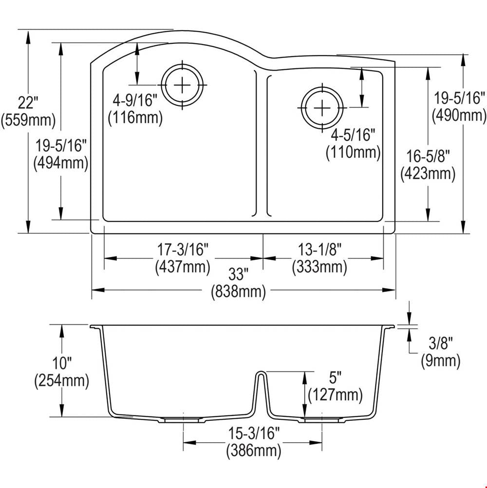 Quartz Luxe 33'' x 22'' x 10'' Offset 60/40 Double Bowl Undermount Sink with Aqua Divide Caviar