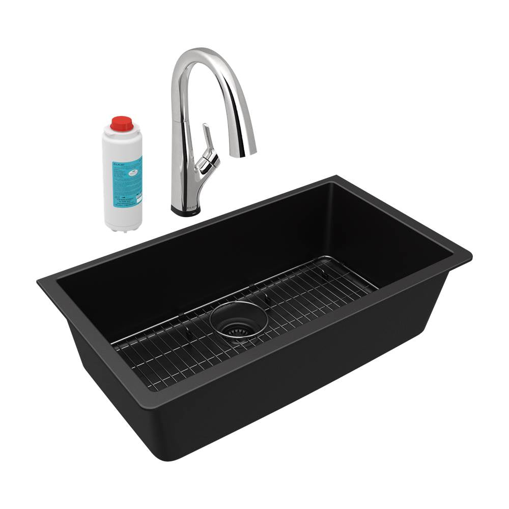 Elkay - Quartz Classic 33'' x 18-7/16'' x 9-7/16'', Single Bowl Undermount Sink Kit with Filtered Faucet, Black - Black