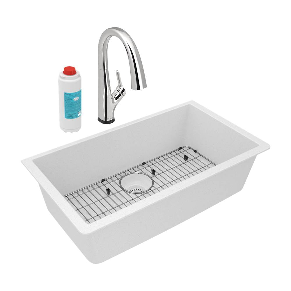 Elkay - Quartz Classic 33'' x 18-7/16'' x 9-7/16'', Single Bowl Undermount Sink Kit with Filtered Faucet, White - White