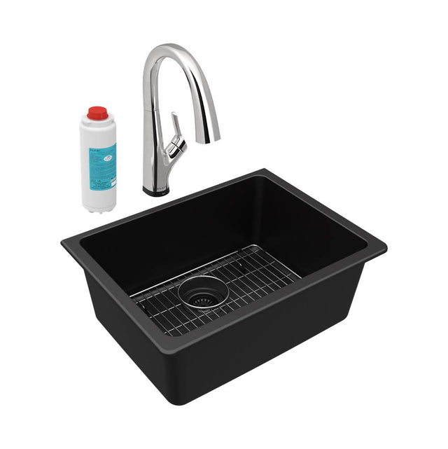 Elkay - Quartz Classic 24-5/8'' x 18-1/2'' x 9-1/2'', Single Bowl Undermount Sink Kit with Filtered Faucet, Black - Black