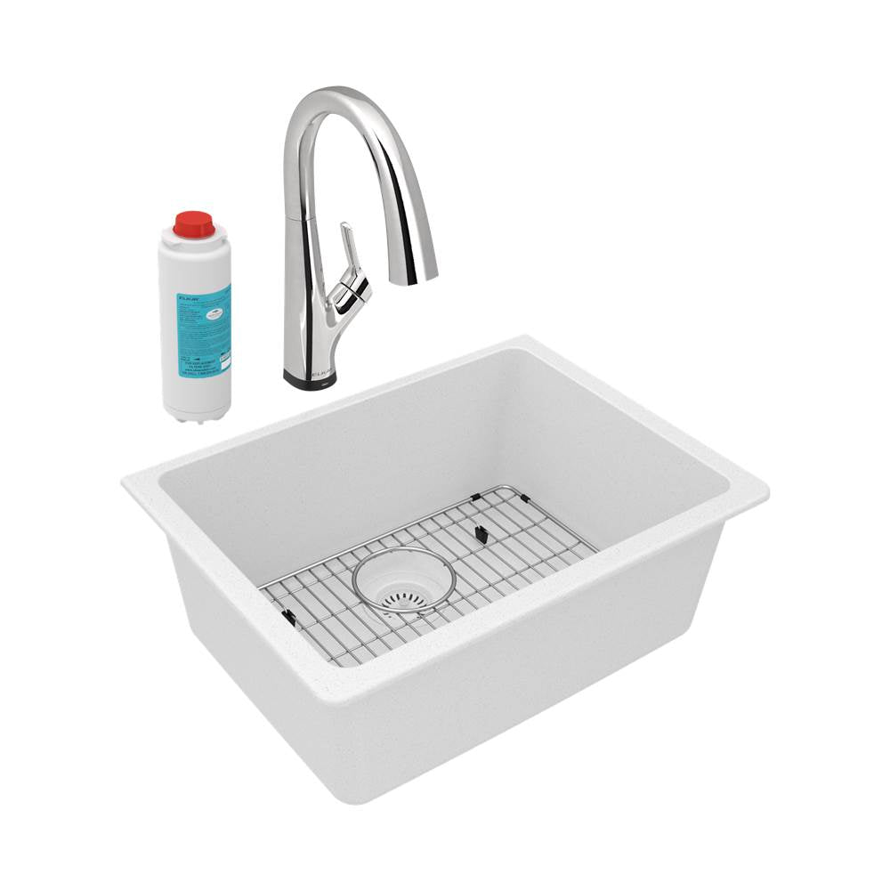 Elkay - Quartz Classic 24-5/8'' x 18-1/2'' x 9-1/2'', Single Bowl Undermount Sink Kit with Filtered Faucet, White - White
