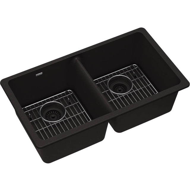 Elkay - Quartz Classic 33'' x 18-1/2'' x 9-1/2'', Equal Double Bowl Undermount Sink Kit, Black - Black