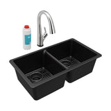 Elkay - Quartz Classic 33'' x 18-1/2'' x 9-1/2'', Equal Double Bowl Undermount Sink Kit with Filtered Faucet, Black - Black