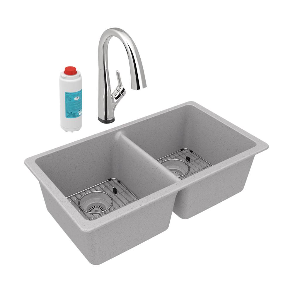Elkay - Quartz Classic 33'' x 18-1/2'' x 9-1/2'', Equal Double Bowl Undermount Sink Kit with Filtered Faucet, Greystone - Greystone