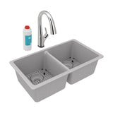 Elkay - Quartz Classic 33'' x 18-1/2'' x 9-1/2'', Equal Double Bowl Undermount Sink Kit with Filtered Faucet, Greystone - Greystone