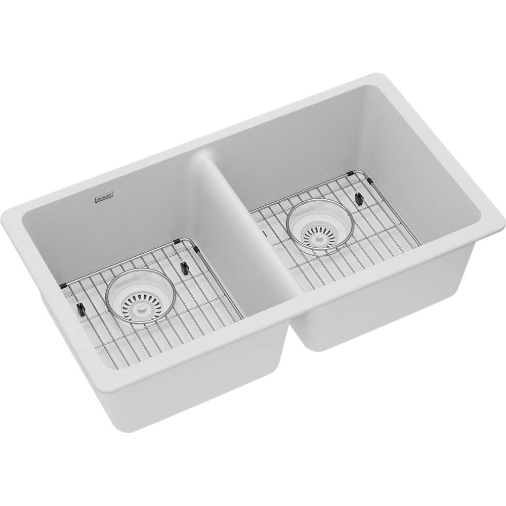 Elkay - Quartz Classic 33'' x 18-1/2'' x 9-1/2'', Equal Double Bowl Undermount Sink Kit, White - White