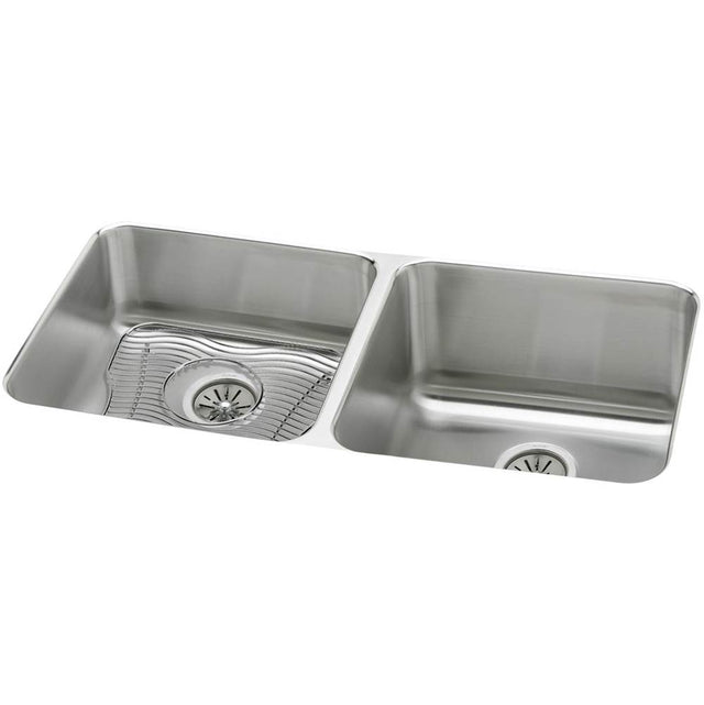 Elkay - 18 Gauge Stainless Steel 30.75'' x 18.5'' x 10'' Double Bowl Undermount Kitchen Sink Kit - Lustrous Satin