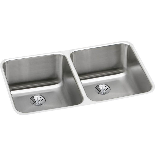 Elkay - 18 Gauge Stainless Steel 30.75'' x 18.5'' x 10'' Double Bowl Undermount Kitchen Sink Kit - Lustrous Satin