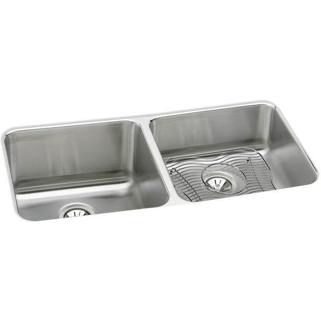 Elkay - 18 Gauge Stainless Steel 30.75'' x 18.5'' x 10'' Double Bowl Undermount Kitchen Sink Kit - Lustrous Satin