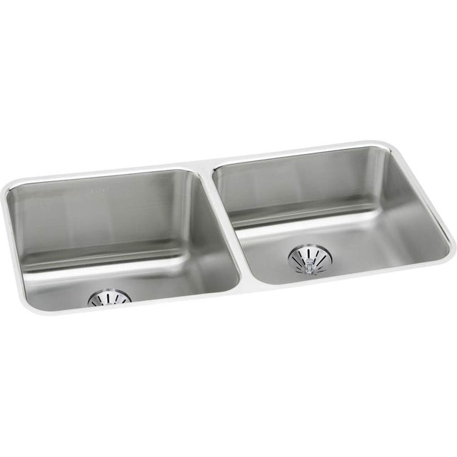 Elkay - 18 Gauge Stainless Steel 30.75'' x 18.5'' x 10'' Double Bowl Undermount Kitchen Sink Kit - Lustrous Satin