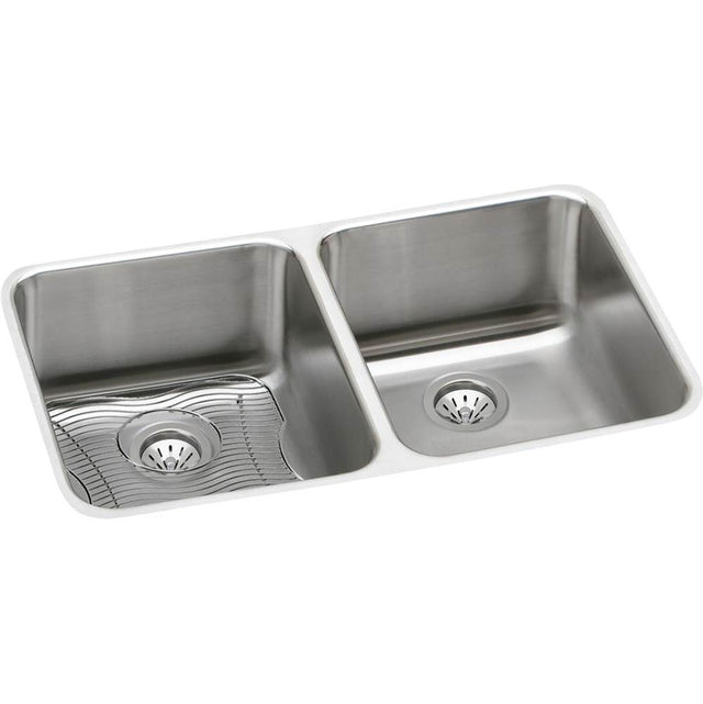 Elkay - 18 Gauge Stainless Steel 30.75'' x 18.5'' x 7.875'' Double Bowl Undermount Kitchen Sink Kit - Lustrous Satin