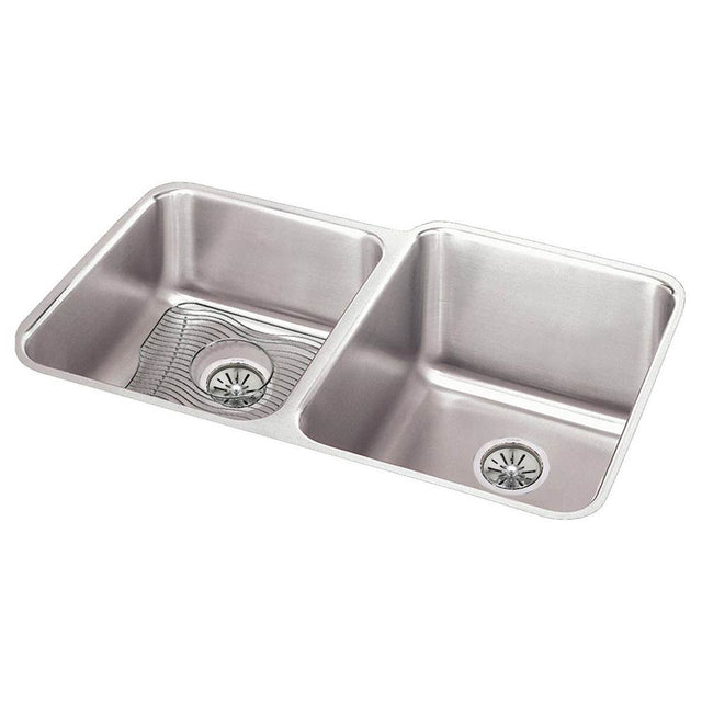 Elkay - 18 Gauge Stainless Steel 31.25'' x 20.5'' x 9.875'' Double Bowl Undermount Kitchen Sink Kit - Lustrous Satin