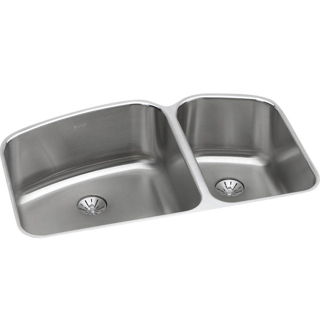 Elkay - 18 Gauge Stainless Steel 32.75'' x 21'' x 9'' Double Bowl Undermount Kitchen Sink Kit - Lustrous Satin