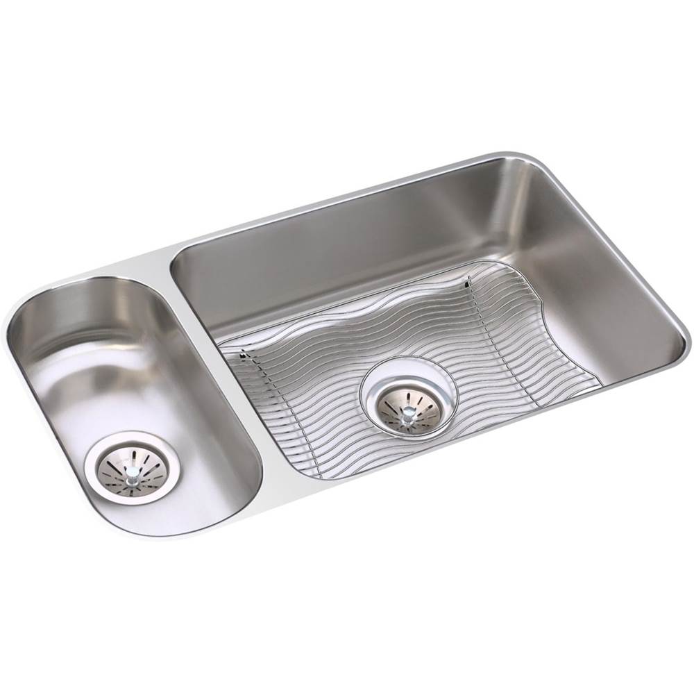 Elkay - 18 Gauge Stainless Steel 32.25'' x 18.25'' x 7.75'' Double Bowl Undermount Kitchen Sink Kit - Lustrous Satin