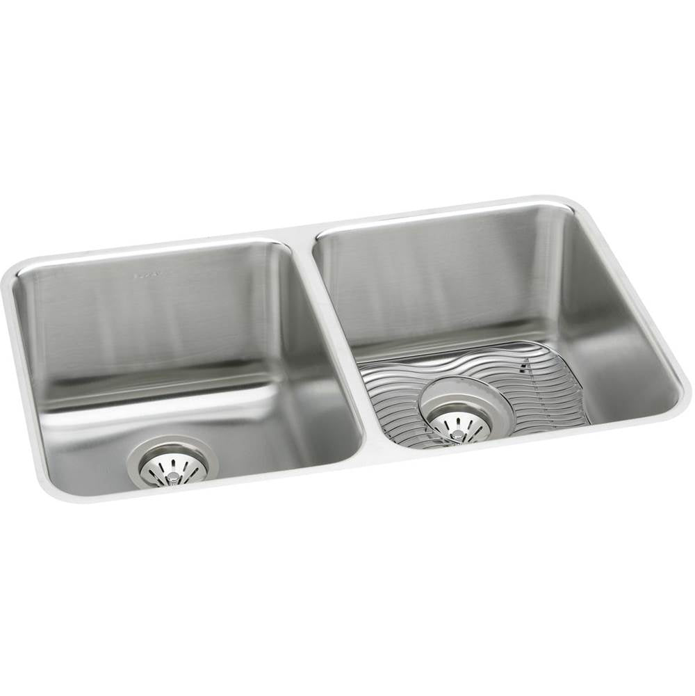 Elkay - 18 Gauge Stainless Steel 35.75'' x 18.5'' x 10'' Double Bowl Undermount Kitchen Sink Kit - Lustrous Satin