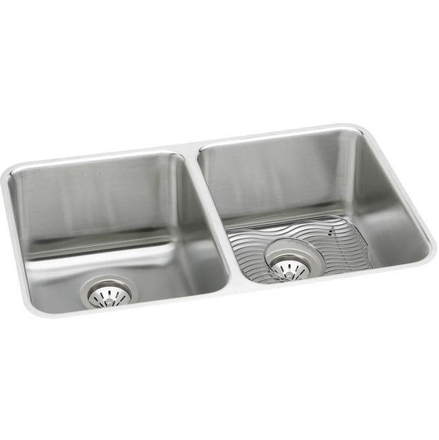 Elkay - 18 Gauge Stainless Steel 35.75'' x 18.5'' x 10'' Double Bowl Undermount Kitchen Sink Kit - Lustrous Satin