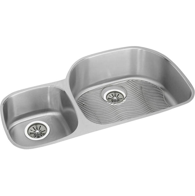Elkay - 18 Gauge Stainless Steel 36.25'' x 21.125'' x 10'' Double Bowl Undermount Kitchen Sink Kit - Lustrous Satin