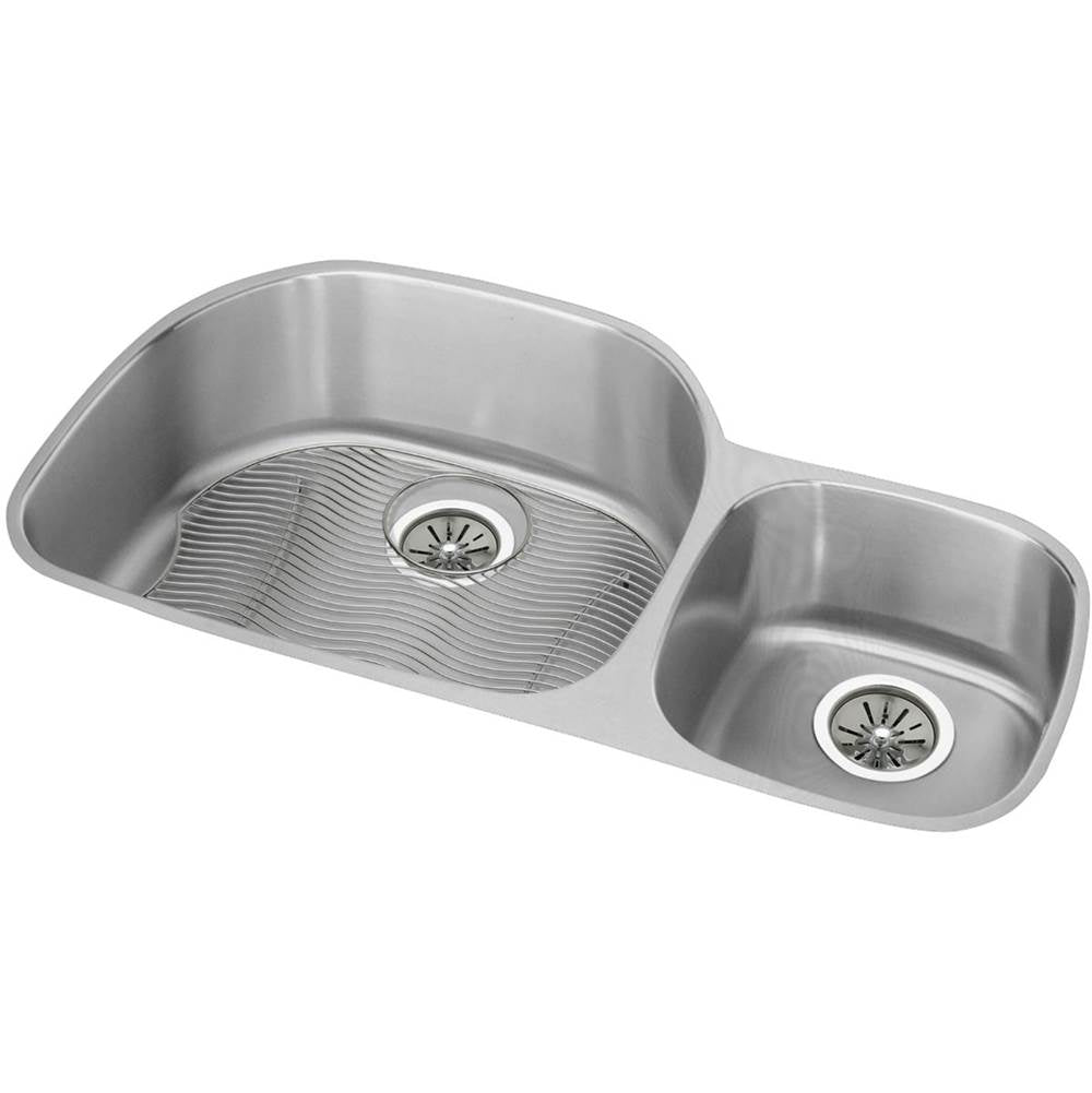 Elkay - 18 Gauge Stainless Steel 36.25'' x 21.125'' x 10'' Double Bowl Undermount Kitchen Sink Kit - Lustrous Satin