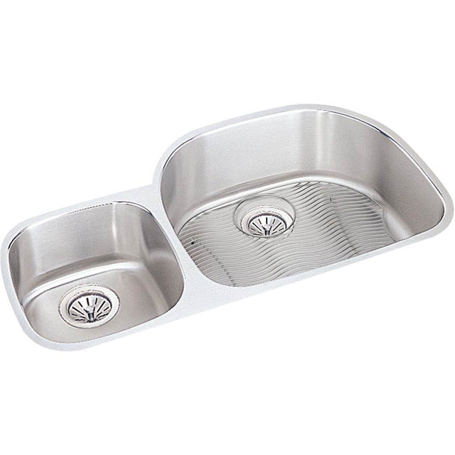 Elkay - 18 Gauge Stainless Steel 36.25'' x 21.125'' x 7.5'' Double Bowl Undermount Kitchen Sink Kit - Lustrous Satin