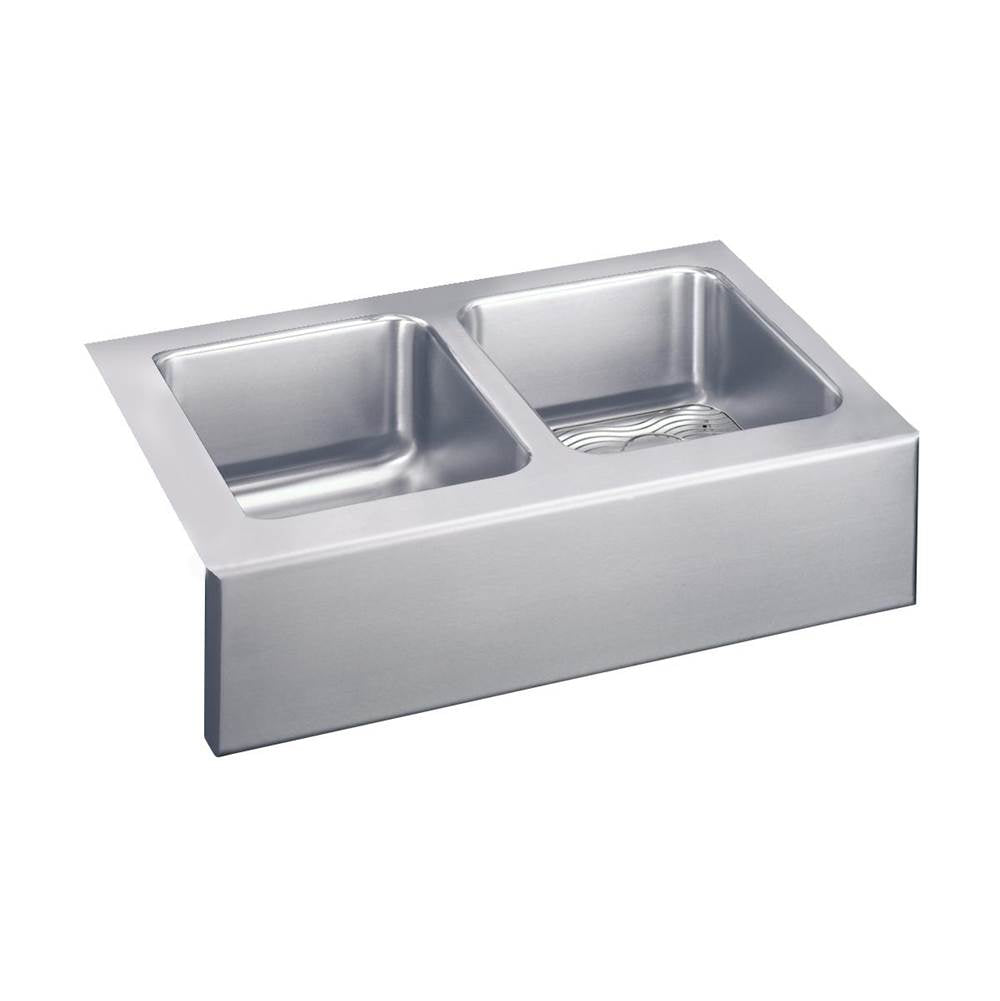 Elkay - 18 Gauge Stainless Steel 33'' x 20.5'' x 10'' Double Bowl Farmhouse Undermount Kitchen Sink Kit - Lustrous Satin