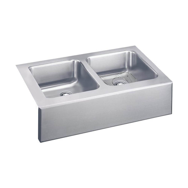 Elkay - 18 Gauge Stainless Steel 33'' x 20.5'' x 7.875'' Double Bowl Farmhouse Undermount Kitchen Sink Kit - Lustrous Satin