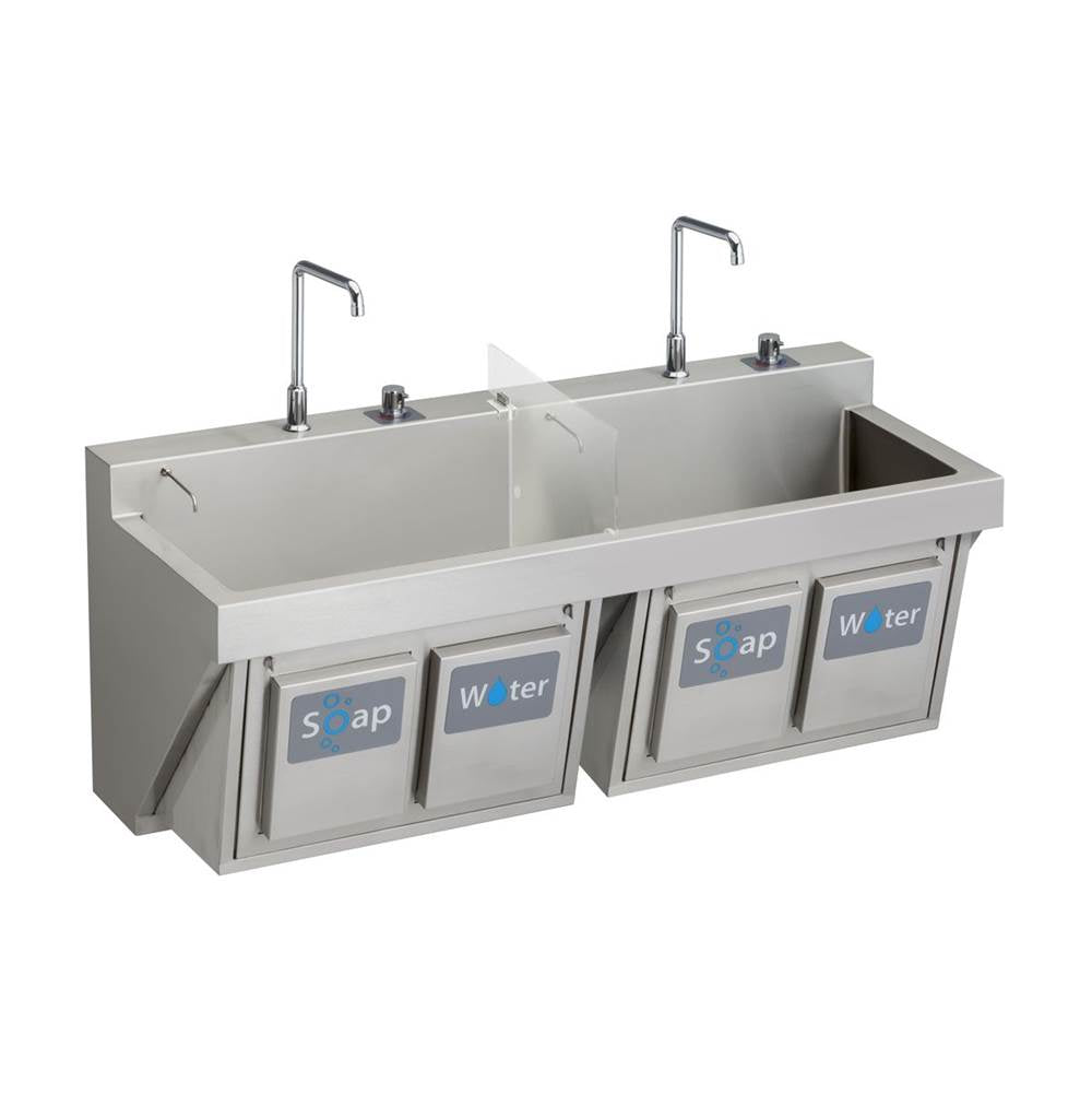 Elkay - MANUAL DOUBLE STATION SCRUB SINK W/ KNEE ACTIVATED WATER - Buffed Satin