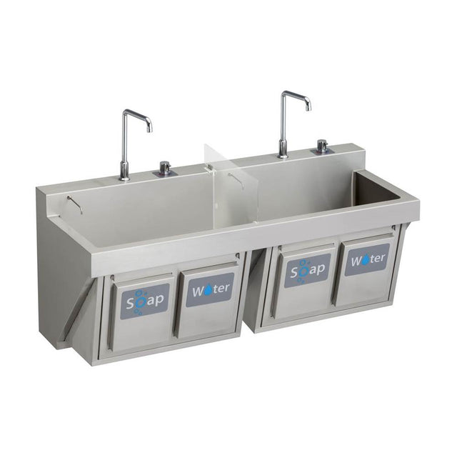Elkay - MANUAL DOUBLE STATION SCRUB SINK W/ KNEE ACTIVATED WATER - Buffed Satin