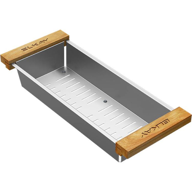 Elkay - CROSSTOWN STAINLESS STEEL WOOD HANDLE 6.75'' x 16.775'' x 3.1'' COLANDER - Polished Satin
