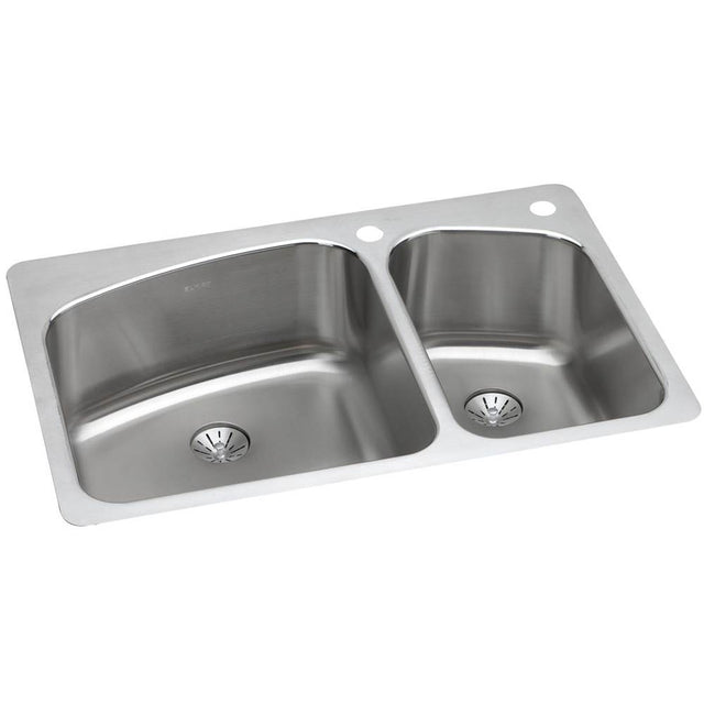 Elkay - 18 Gauge Stainless Steel 33'' x 22'' x 9'' Double Bowl Dual Mount Kitchen Sink Kit - Lustrous Satin