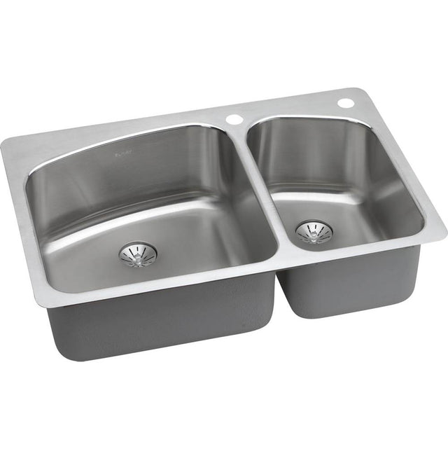 Elkay - 18 Gauge Stainless Steel 33'' x 22'' x 9'' Double Bowl Dual Mount Kitchen Sink Kit - Lustrous Satin