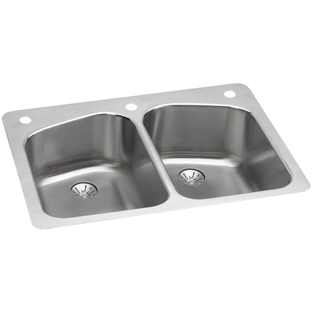 Elkay - 18 Gauge Stainless Steel 33'' x 22'' x 9'' Double Bowl Dual Mount Kitchen Sink Kit - Lustrous Satin