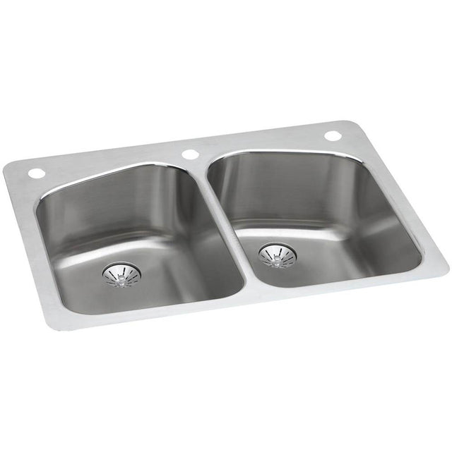 Elkay - 18 Gauge Stainless Steel 33'' x 22'' x 9'' Double Bowl Dual Mount Kitchen Sink Kit - Lustrous Satin