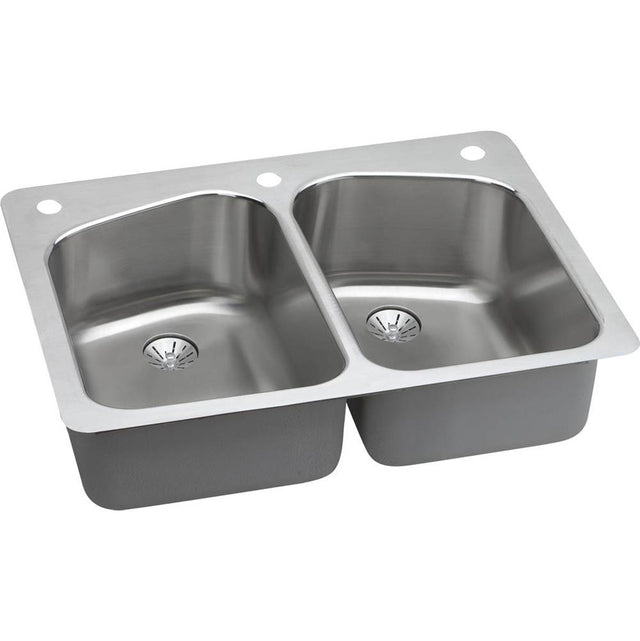 Elkay - 18 Gauge Stainless Steel 33'' x 22'' x 9'' Double Bowl Dual Mount Kitchen Sink Kit - Lustrous Satin