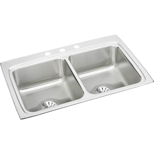 Elkay - 18 Gauge Stainless Steel 33'' x 22'' x 8.125'' Double Bowl Drop-in Kitchen Sink Kit - Lustrous Satin