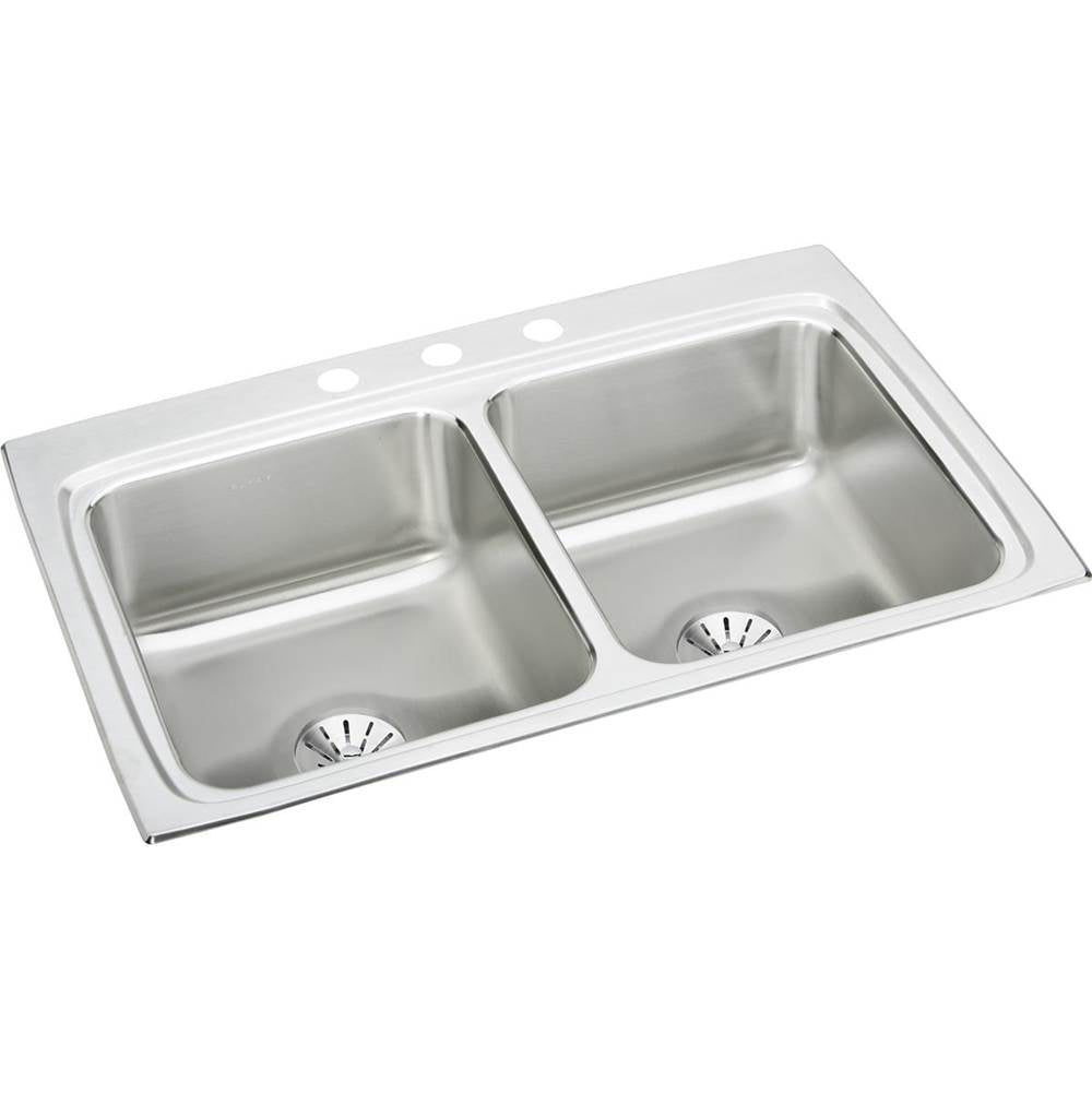 Elkay - 18 Gauge Stainless Steel 33'' x 22'' x 8.125'' Double Bowl Drop-in Kitchen Sink Kit - Lustrous Satin