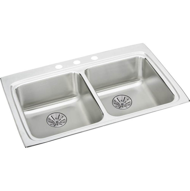 Elkay - 18 Gauge Stainless Steel 33'' x 22'' x 6.5'' Double Bowl Drop-in Kitchen Sink Kit - Lustrous Satin