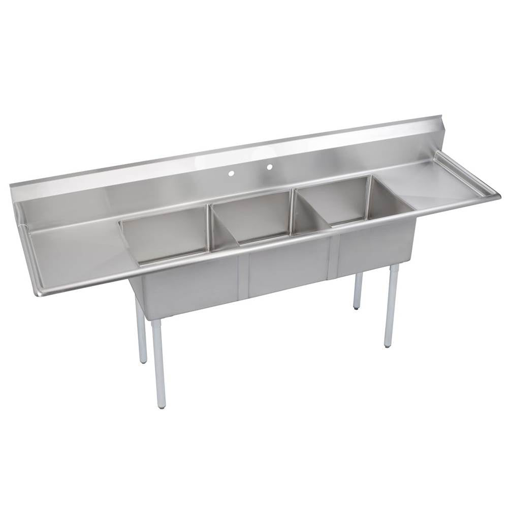 Elkay - 3 Compartment Sink, 124X30 OA, 24X24 Bowl, 12 Deep, L & R 24'' DBs, SS Legs, 16 GA 300 Series SS, NSF - No.4 Finish