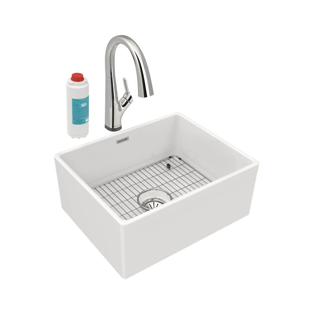 Elkay - Fireclay 24-7/16'' x 19-11/16'' x 9-1/8'' Single Bowl Farmhouse Sink Kit with Filtered Faucet, White - White