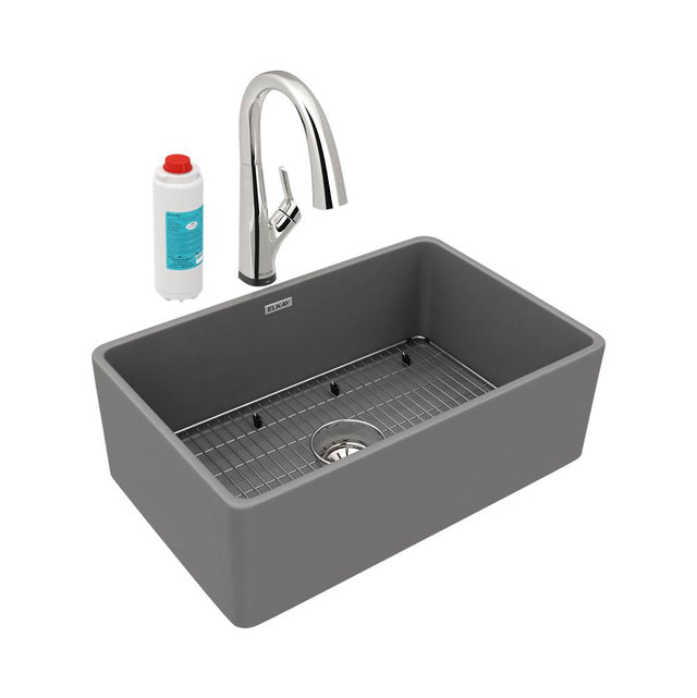 Elkay - Fireclay 29-7/8'' x 19-3/4'' x 10-1/16'', Single Bowl Farmhouse Sink Kit with Filtered Faucet, Matte Gray - Matte Gray