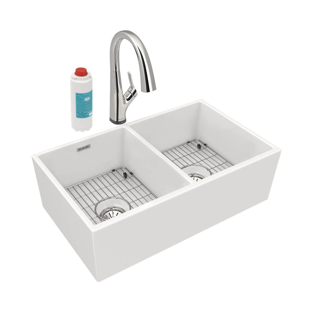 Elkay - Fireclay 33'' x 19-15/16'' x 10-1/8'', Equal Double Bowl Farmhouse Sink Kit with Filtered Faucet, White - White