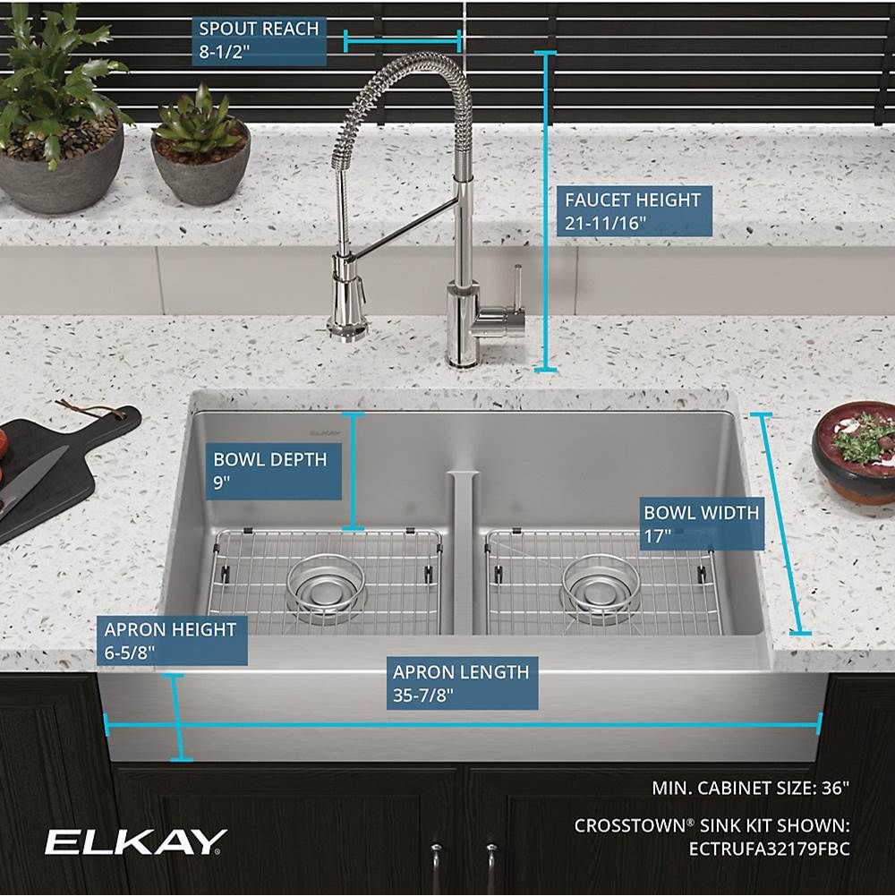 Crosstown 18 Gauge Stainless Steel 35-7/8'' x 20-1/4'' x 9'', Equal Double Bowl Farmhouse Sink, Faucet, Bottom Grid & Drain Kit with Aqua Divide