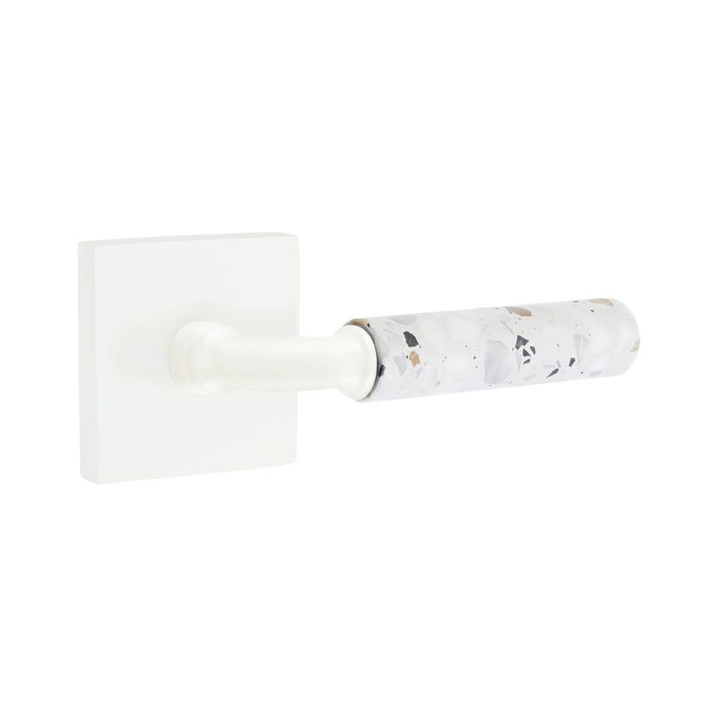 Emtek - Select Privacy, Square Rosette Matte White, R-Bar Stem Matte White, Light Terrazzo Handle, LH - Matte White