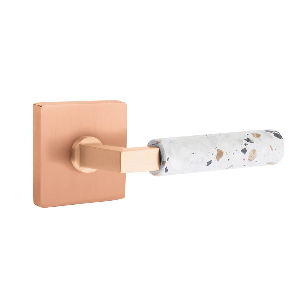 Emtek - Select Privacy, Square Rosette Satin Rose Gold, L-Square Stem Satin Rose Gold, Light Terrazzo Handle, RH - Satin Rose Gold