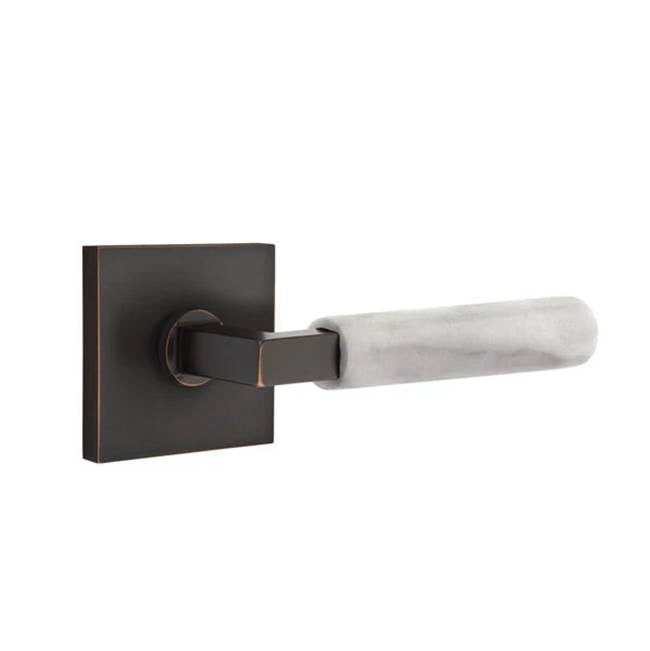 Emtek - Passage, Square Rosette US10B, L-Square Stem US10B, White Marble Handle, LH - Oil Rubbed Bronze