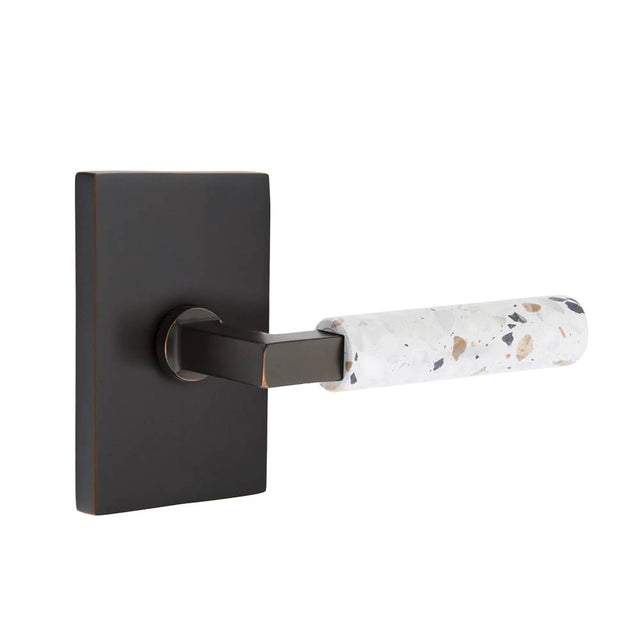 Emtek - Select Privacy, Modern Rectangular Rosette US10B, L-Square Stem US10B, Light Terrazzo Handle, RH - Oil Rubbed Bronze